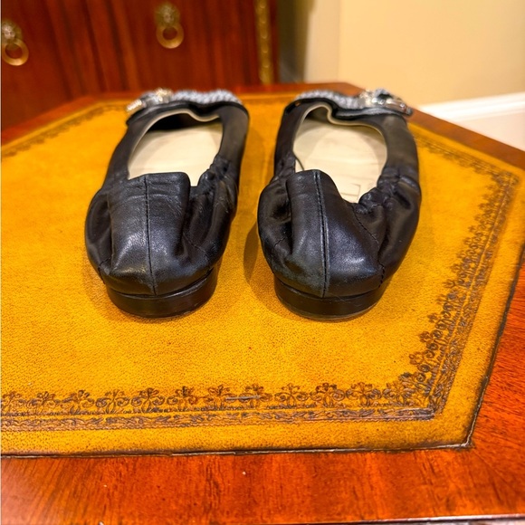 AGL Black Leather Peep Toe Flats Metallic Strap Gold Buckle Size 9 MSRP $350 - Picture 7 of 8